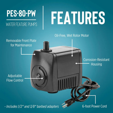 Magnetic Drive Fountain Pump 77 GPH 115 Volt With Built-In Adjustable Flow Valve And 6-Foot Cord Black, labeled features.