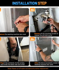 Installation steps for Heavy Duty Washer Drain Pump Assembly. Hands removing screws and connectors in a washing machine.