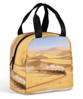 Golden Sand Desert Insulated Lunch Tote With Aluminum Lining On The Go Lunch Box featuring desert print design and black handles.