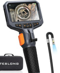 Two Way Articulating Borescope With Dual Lens Endoscope Camera showing engine inspection, LED light, and 5ft flexible scope.