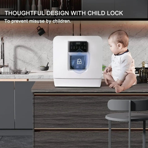 Portable Countertop Dishwasher With Built In Water Tank And Pull Rack Features 360 Dual Spray Arms and child lock, shown on kitchen countertop with child.