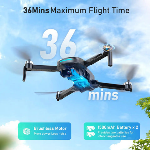 Foldable Kids Drone With 1080P HD FPV Camera Brushless Motors 2 Batteries 36 mins flight time in the sky with rotating propellers.