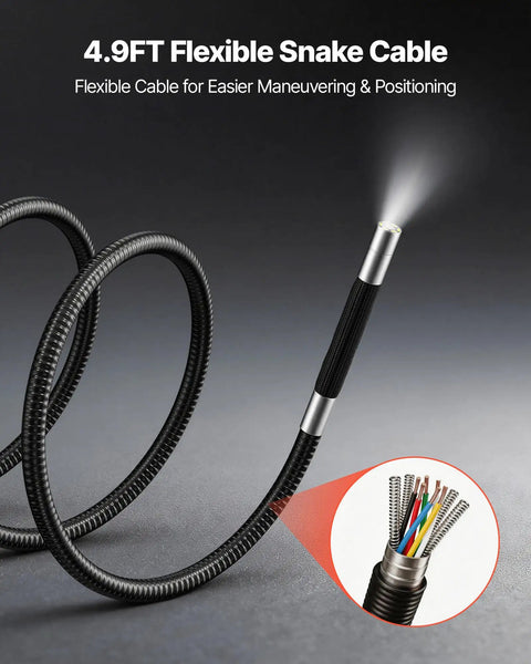 4-Way Articulating Borescope With Light, 1080P HD Endoscope Camera, Flexible Snake Scope With 6 Inch IPS Screen, Articulated Probe For Wall, Automotive, And Engine Inspections, 4.9 Ft Reach black flexible cable