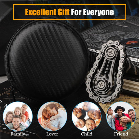 Dope Fidget Chain Toy For Kids And Adults on desk with storage pouch, metal gears visible, stress relief puzzle toy, ideal family gift