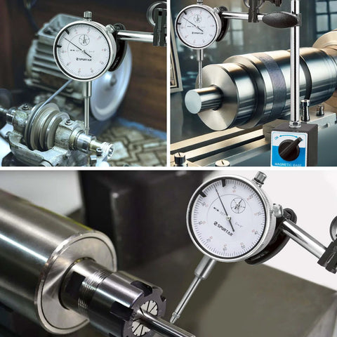Spurtar dial indicator with magnetic base; 0-1 inch range, long adjustable arm for precise alignment and measurement.