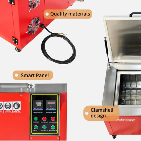 Heavy-Duty 12 Gallon Ultrasonic Cleaner With Digital Heater Timer, Top Shelf Stainless Steel Tank, showing smart panel and clamshell design.