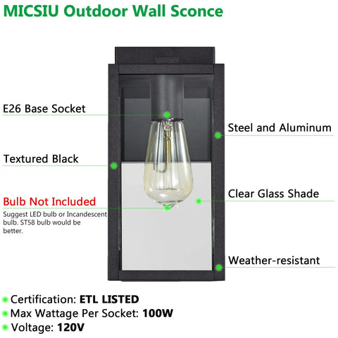 2 Pack Outdoor Wall Lanterns, 11 Inch Modern Farmhouse Exterior Sconces With Clear Glass, Textured Black Porch Lights For House Garage Patio, E26 Base, ETL Listed, Easy Install, Boost Your Curb Appeal With Symmetrical Pair