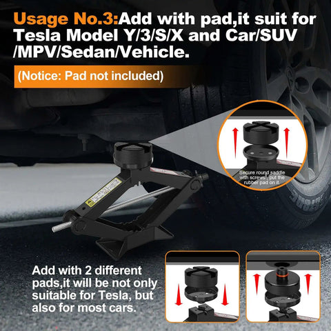 Heavy Duty Scissor Car Jack Kit For Tesla And Suv 2.5 Ton Capacity showing adjustable saddle for various vehicles