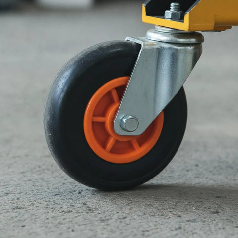 Rock Solid Heavy Duty Slab Mover Cart And Panel Transport Trolley wheel showing durable rubber and sturdy metal axle for smooth motion.