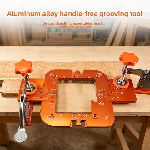Rock Solid Aluminum Router Corner Radius Template With Bolt Down Fixing Clamp For Dead On Precise Woodworking Cut Lines R20 R25 R30 R35, handle-free aluminum grooving tool on wood.