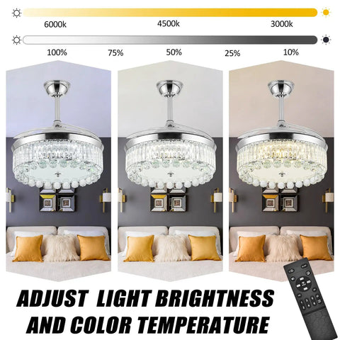 42 Inch Reversible Crystal Ceiling Fan With Lights And Remote Control, Stepless Dimming LED Chandelier Style Ceiling Fan color temp settings