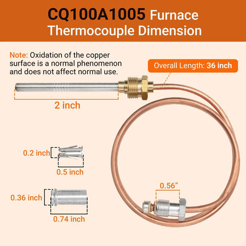 CQ100A1005 furnace thermocouple with 36-inch copper lead and adapter fitting for Honeywell 30 mV pilot burners