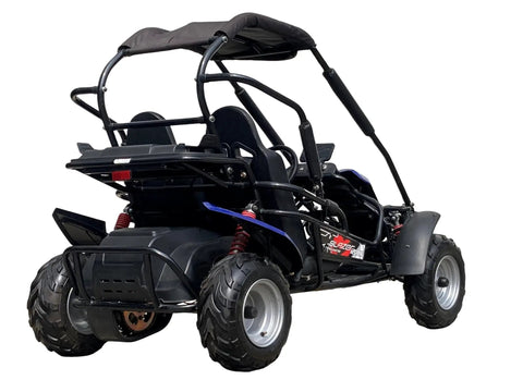 Rear view of an Electric Youth Go Kart With Reverse, Dual Speed Modes 15 MPH And 27 MPH, 60V 1.8KW Motor, Blue Body Kit