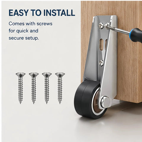 Heavy Duty Bottom Guide Roller Wheel For Barn And Closet Doors Quiet Soft Rubber Caster mounted on wood with installation screws.