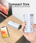Hand holding Six Outlet USB Power Strip With Surge Protector And Rotating Plug, 3 USB Ports, 3-Sided Swivel Design on desk
