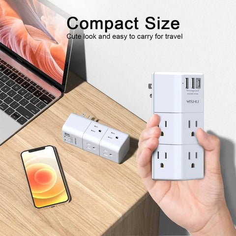 Hand holding Six Outlet USB Power Strip With Surge Protector And Rotating Plug, 3 USB Ports, 3-Sided Swivel Design on desk