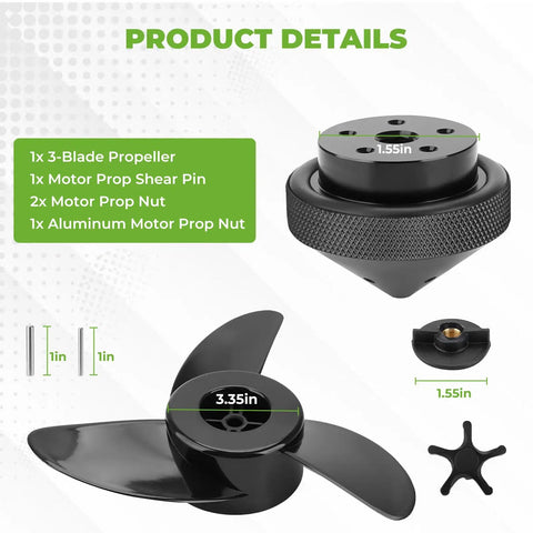 3-Blade Trolling Motor Propeller With Aluminum Nut For MotorGuide XI3 XI5 set, showing 3.35in propeller and 1.55in nut details