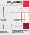 Rich accessories set including expansion screws, hexagonal bolts, nuts, screwdriver, wrench, cloth, for easy installation.
