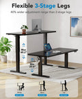 Huanuo 70x35 Inch Electric Standing Desk With Three Stage Brushless Motor Black showing maximum and minimum height adjustments.