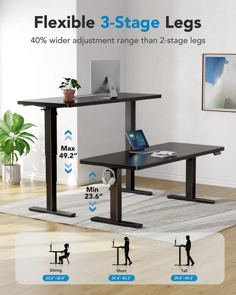 Huanuo 70x35 Inch Electric Standing Desk With Three Stage Brushless Motor Black showing maximum and minimum height adjustments.