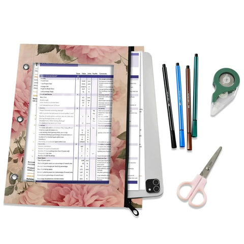 Floral Roses Zippered Coupon Binder Organizer for school supplies with pens, scissors, and tape for quick deals at checkout.