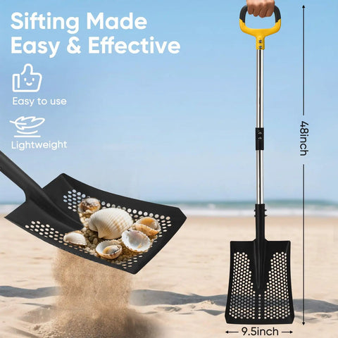Long Lightweight Beach Sand Sifting Shovel With Ten Millimeter Holes for shells and quick sand filtering on a beach