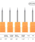 Five orange-handled carbide end mills with flat nose, double flute, 1/32-inch cutting diameter