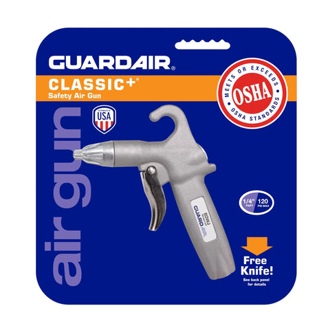 Whisper Jet Safety Air Gun With Volume Control And Pistol Style Grip for quiet cleaning, 1/4 inch inlet, packaged on blue backing