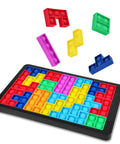 Colorful Slick Silicone Pop Puzzle Fidget Toy Buttery Smooth Push Pop Brain Teaser in action with geometric shapes floating.