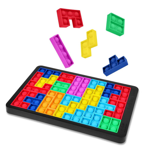 Colorful Slick Silicone Pop Puzzle Fidget Toy Buttery Smooth Push Pop Brain Teaser in action with geometric shapes floating.