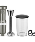 Hassle Free Variable Speed Corded Hand Blender With Razor Sharp Stainless Steel Blades For Smoothies Soups And Hummus, includes blending cup and attachments.