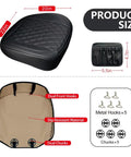 2 Pack Leather Front Car Seat Cover Bottom Seat Protector Set showing size dimensions and hooks