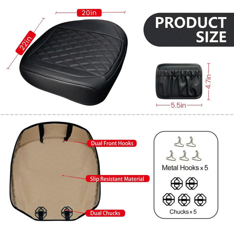 2 Pack Leather Front Car Seat Cover Bottom Seat Protector Set showing size dimensions and hooks
