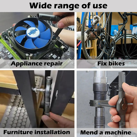 Image showing various uses of the 24 In 1 Magnetic Ratchet Screwdriver Set S2 Steel Bits for appliance repair, bike fixing, furniture installation, and machine mending.