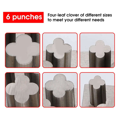 Six Punch Four Leaf Clover Die Set with varying steel punches for jewelry making, showing precision cutouts for DIY metal crafting.
