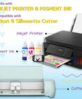 Dark Color T Shirts Heat Transfer Paper 11x17 Inch Pack Of 10 For Inkjet Printers shown with printer, pigment inks, and cutter.