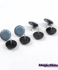 Heavy Duty Reusable Furniture Sliders With Tough Self Adhesive Grip For Effortless Couches And Tables Across Carpet Or Hardwood Floors Skip The Dragging Just Smooth Glides Non Skid Pads Grey Set Of Eight in a close-up view, showcasing grey disc pads with black bases.