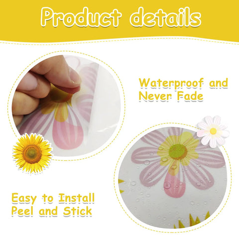 Motivational Daisy Sunflower Wall Decals Set Four Removable Vinyl Quote Stickers being peeled, showing waterproof feature