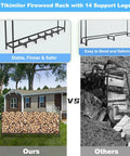 Heavy Duty Firewood Rack Holder Eight Foot Adjustable Log Stacker Stand compared with competitor's bent rack, both by house