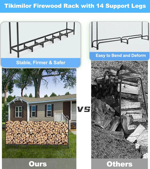 Heavy Duty Firewood Rack Holder Eight Foot Adjustable Log Stacker Stand compared with competitor's bent rack, both by house