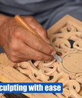 Close-up of hand using 2 Pack Heavy Duty Marking Knife With High Carbon Steel Blade Double Edge Woodworking Scribing Tool And Ergonomic Hardwood Handle Build For The Long Haul Kickass Precision on carved wood.