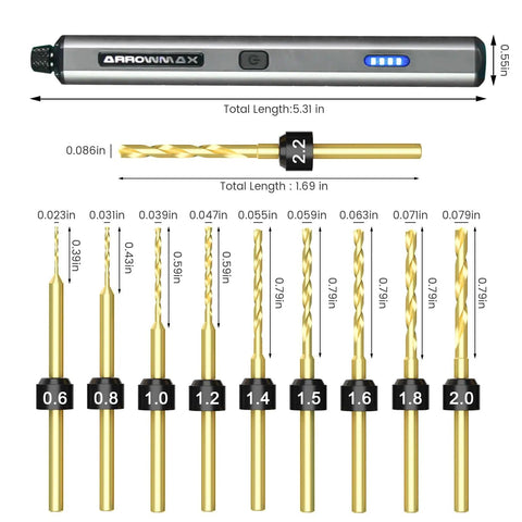 Pocket Sized Dope Mini Electric Drill Pen Kit 13 In 1 With Aluminum Case Rechargeable 600 RPM and 10 HSS Bits Displayed