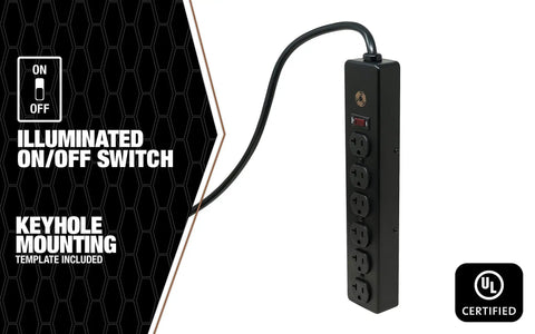 Beefy All Metal Mountable Power Strip With 6 NEMA 5-20 Receptacles, 20 Amp Capacity And NEMA 5-20 Plug, illuminated switch
