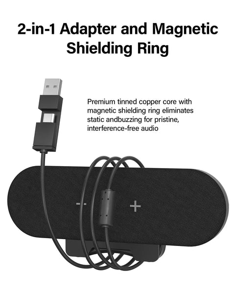 USB Powered Desktop Computer Speakers With 14W Total Output, showing adapter and magnetic shielding ring for clear audio