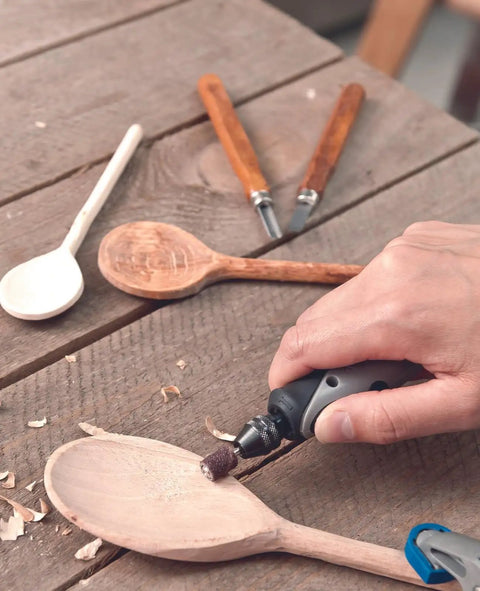 Drop Dead Easy Multi Chuck For Rotary Tools Quick Installation Rock Solid Grip Holds 0.8 To 3.2 Millimeter Shafts Hassle Free Accessory Adapter For Woodworking And DIY Crafts in use on wooden spoon.