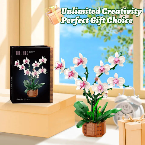 Orchid Floral Building Blocks Kit For Adults Dope DIY Flower Brick Set For Home Decor 729 Pieces Realistic Orchid Build Perfect Gift For Mom Girlfriend Valentines Or Mothers Day., 729-piece ABS plastic orchid blocks with box and built flower display