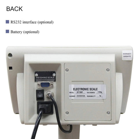 Back view of Heavy Duty Digital Floor Scale Built Like A Tank For Warehouse Shipping And Postal Operations showing interface ports and battery options.