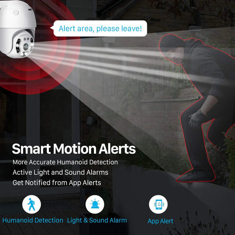 1080P Pan Tilt Outdoor Security Camera with Two Way Audio showcasing motion detection and smart alerts against a shadowy figure.