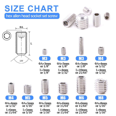 200 Piece M3 M4 M5 M6 M8 Hex Allen Head Socket Set Screw Assortment Kit Made Of 304 Stainless Steel size chart image