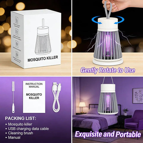 Rechargeable 2 In 1 Bug Zapper Lamp For Indoor Outdoor Use with USB charge, wireless mosquito killer in bedroom setting and packaging.